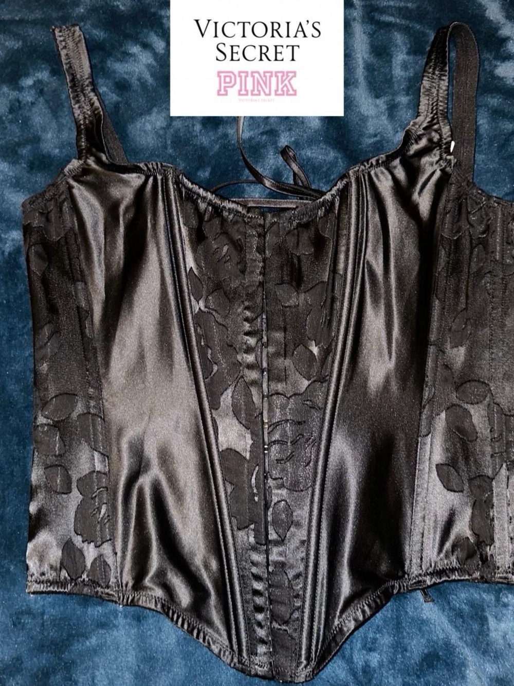 Victoria’s Secret black silky floral lace top.  Size adult small.